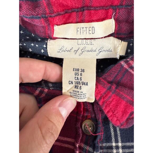 H&M Size 6 Fitted Plaid Casual Button Top Red Long Sleeve Pocket Collar - Picture 6 of 9